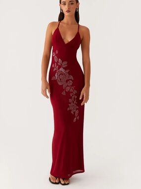 Peppermayo Beki Beaded Mesh Maxi Dress | Deep Red | 8